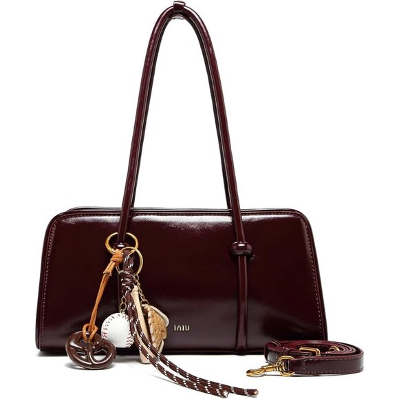 Handbags - Women’s Burgundy Multi-Pocket Shoulder Bag Fashion Crossbody Top Handle Bag